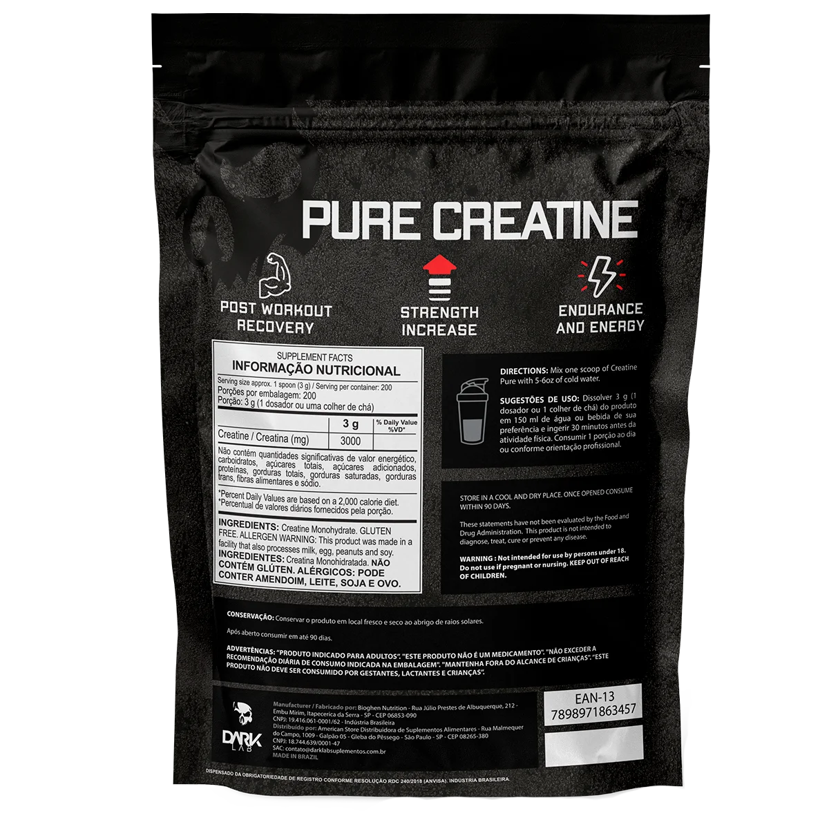 Creatina Monohidratada Pura Refil 500g Escura Lab-Pure 100% Creatina