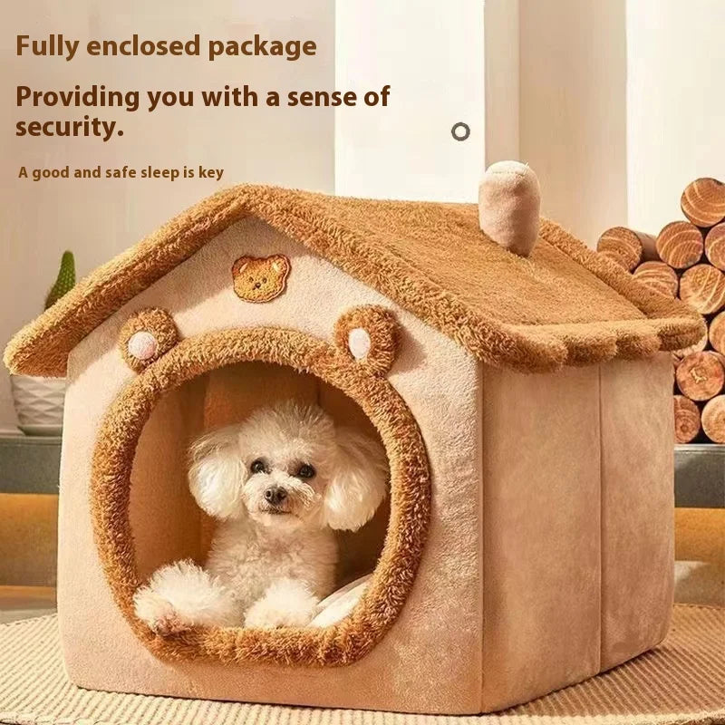 Cama estilo casinha para cães, ideal para todas as estações